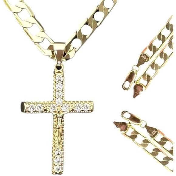 14K GP Jesus Christ Cross Crucifix Pendant CZ, Miami Cuban Chain 20-Inch 4mm - Picture 8 of 8